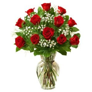 1 Dozen Long Stem Red Roses in Vase