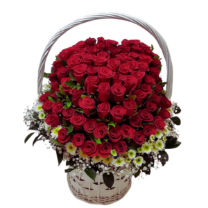 100 Roses in a Woven Basket.