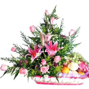 Pink Roses & Lily Mixed With Fruits