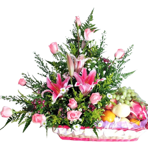 Send flowers to Philippines, Flower delivery Philippines, Send roses to Philippines Flower shop Philippines Pink Roses & Lily Mixed With Fruits