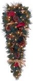 36" Madison Fir Elegant Teardrop Wreath with Pine Cones, Leaves, Flowers and Balls, 50 Clear Lamps