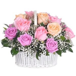 Elegant Mixed Ecuadorian Roses in A Basket