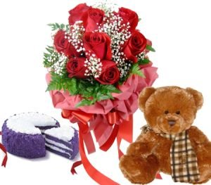 Red Rose with cake and teddy Combination