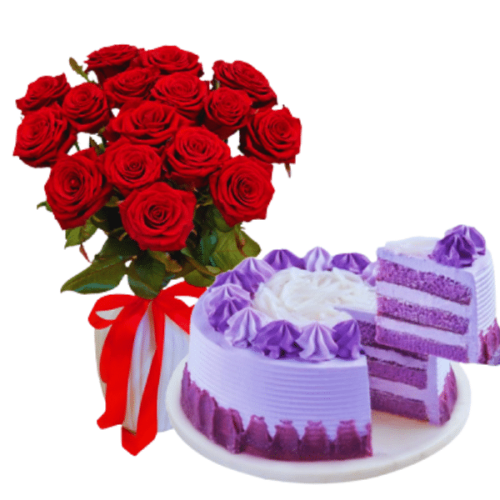 Red Rose Vase with Ube Cake