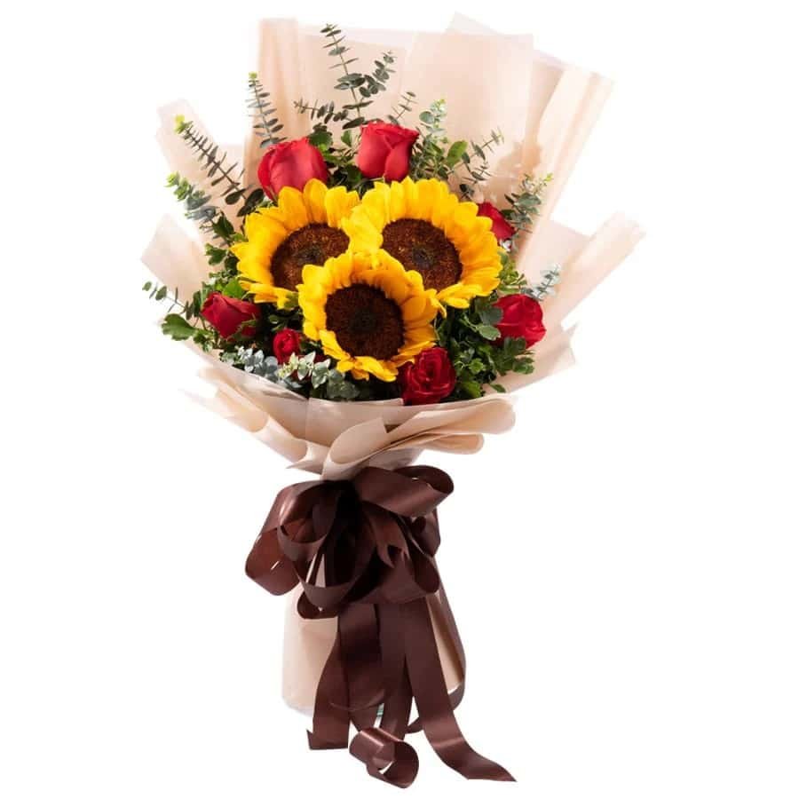 Send flowers to Philippines, Flower delivery Philippines, Send roses to Philippines Flower shop Philippines 3pcs Sunflower and 9pcs Roses Bouquet