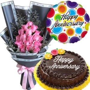 Pink Roses with Cake and Balloon