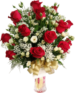 12pcs Red Roses with Feverfew in Vase