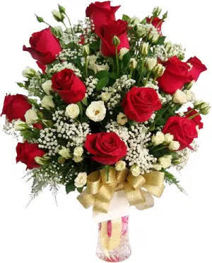 12pcs Red Roses with Feverfew in Vase