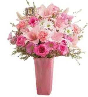 12pcs Pink Roses and Lilies in Vase