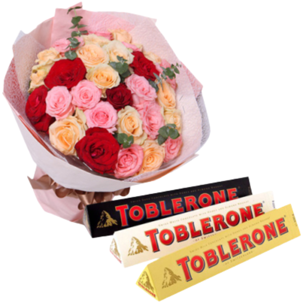 Send flowers to Philippines, Flower delivery Philippines, Send roses to Philippines Flower shop Philippines 36 Mixed Roses with Toblerone Chocolate