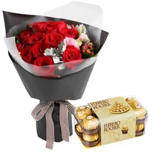 1dozen red roses with 16pcs Ferrero