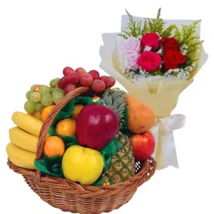 Elegant Fruits Basket with Roses Bouquet