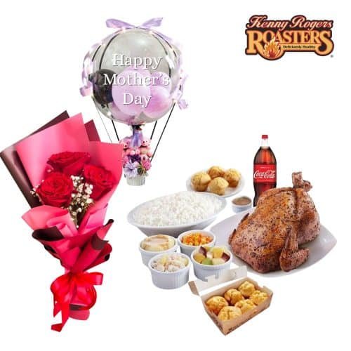 Roasted Chicken Group Meal with Red Roses and Sweet Mother’s Day Balloon
